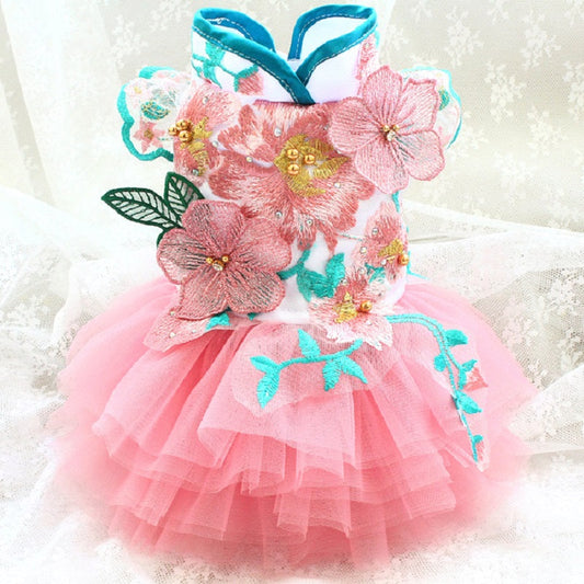 Handmade Dog Clothes Peony Pavilion Light Silk Embroidery Pet Dress